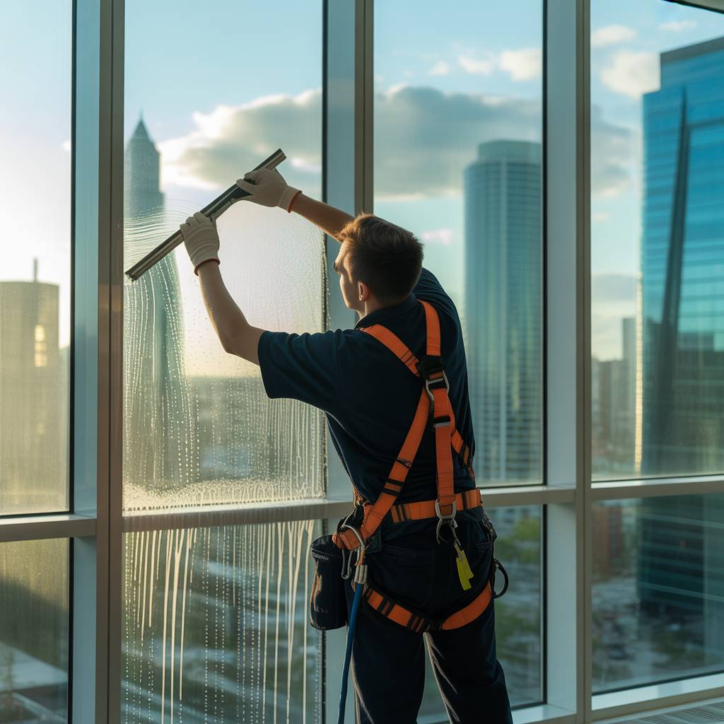 Technician cleaning a high window in Delhi